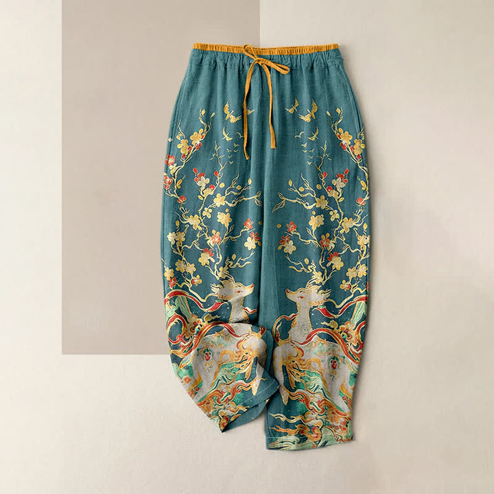 Buddha Stones Pantaloni da donna in puro cotone con coulisse e tasche, stampa di cervi e fiori di prugno. - Verde Mare Chiaro - US16, UK/AU20, EU48 (3XL) - image 3