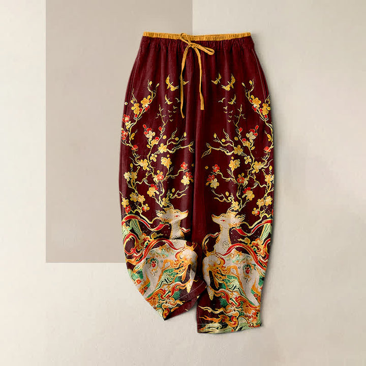 Buddha Stones Pantaloni da donna in puro cotone con coulisse e tasche, stampa di cervi e fiori di prugno. - Marrone - US16, UK/AU20, EU48 (3XL) - image 6