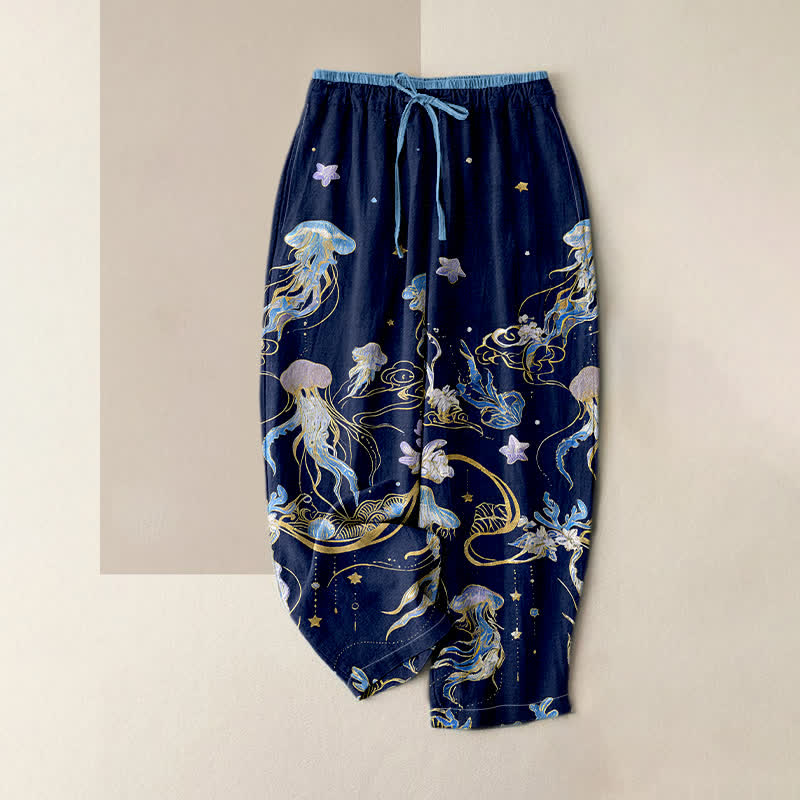 Buddha Stones Pantaloni da donna in puro cotone con elastico in vita e tasche, fantasia a meduse. - Marina - US16, UK/AU20, EU48 (3XL) - image 0