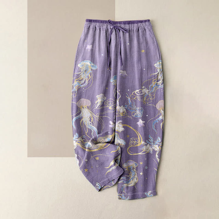 Buddha Stones Pantaloni da donna in puro cotone con elastico in vita e tasche, fantasia a meduse. - Orchidea media - US16, UK/AU20, EU48 (3XL) - image 3