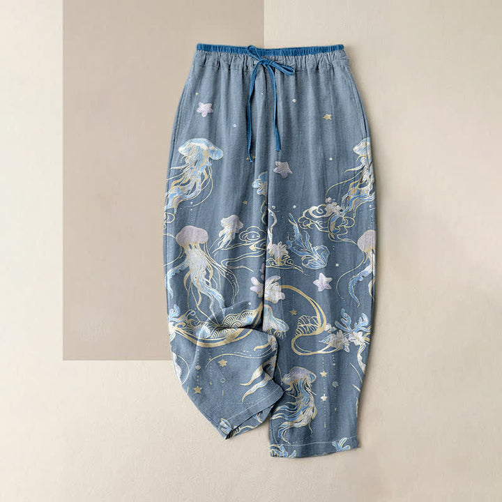 Buddha Stones Pantaloni da donna in puro cotone con elastico in vita e tasche, fantasia a meduse. - Blu acciaio chiaro - US16, UK/AU20, EU48 (3XL) - image 6