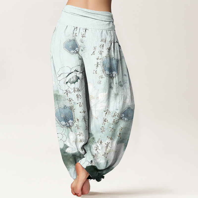 Buddha Stones Pantaloni harem da donna in puro cotone con stampa di fiori di loto e calligrafia, con elastico in vita. - image 1