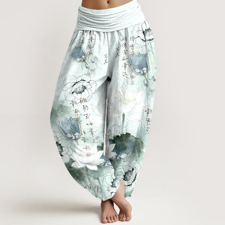 Buddha Stones Pantaloni harem da donna in puro cotone con stampa di fiori di loto e calligrafia, con elastico in vita. - Ciano chiaro - US16, UK/AU20, EU48 (3XL) - image 0