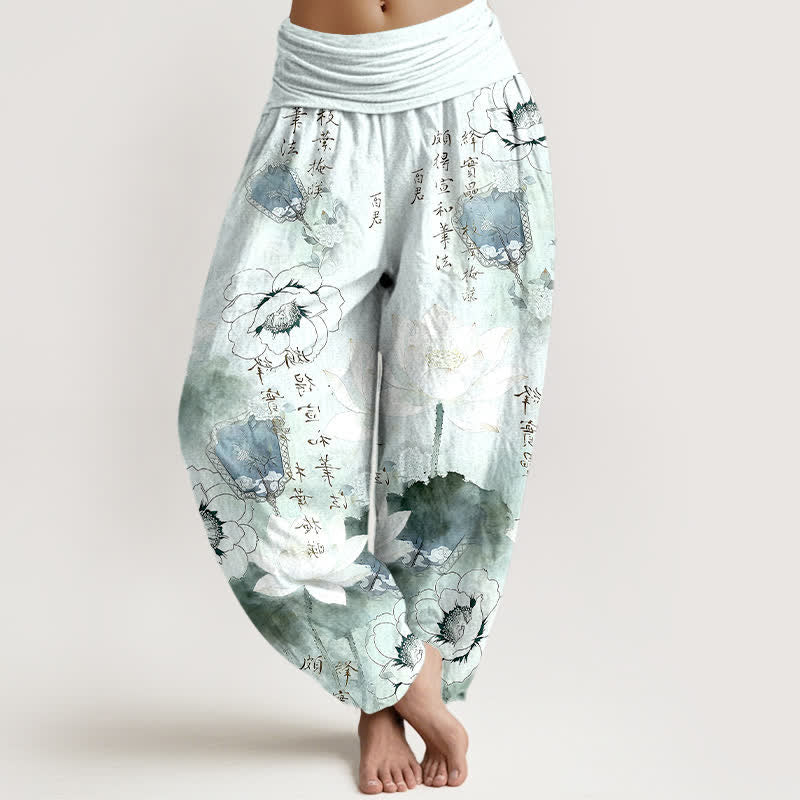 Buddha Stones Pantaloni harem da donna in puro cotone con stampa di fiori di loto e calligrafia, con elastico in vita. - Ciano chiaro - US16, UK/AU20, EU48 (3XL) - image 0