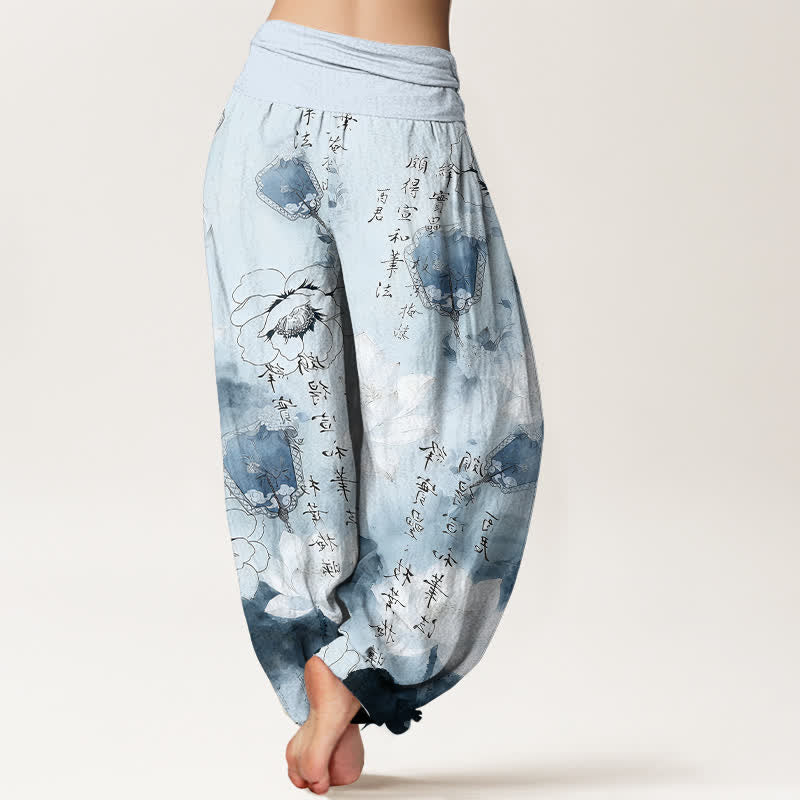 Buddha Stones Pantaloni harem da donna in puro cotone con stampa di fiori di loto e calligrafia, con elastico in vita. - image 6