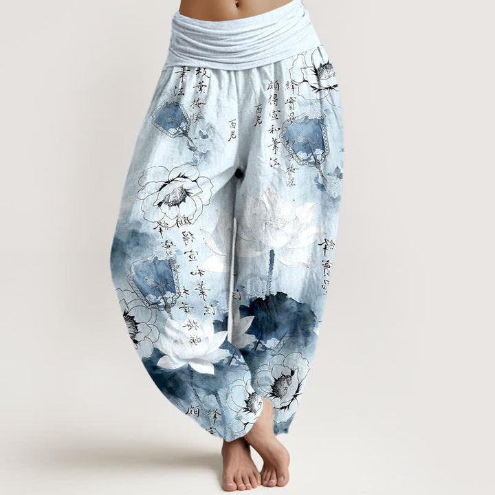 Buddha Stones Pantaloni harem da donna in puro cotone con stampa di fiori di loto e calligrafia, con elastico in vita. - Azzurro cielo chiaro - US16, UK/AU20, EU48 (3XL) - image 5