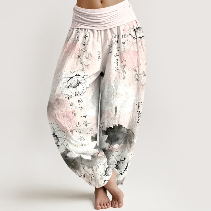 Buddha Stones Pantaloni harem da donna in puro cotone con stampa di fiori di loto e calligrafia, con elastico in vita. - Rosa lavanda - US16, UK/AU20, EU48 (3XL) - image 8