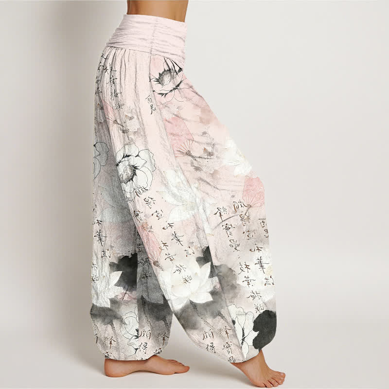 Buddha Stones Pantaloni harem da donna in puro cotone con stampa di fiori di loto e calligrafia, con elastico in vita. - image 10