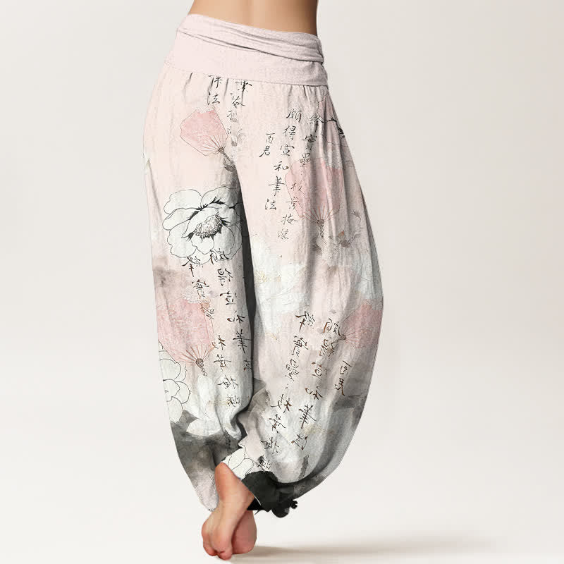 Buddha Stones Pantaloni harem da donna in puro cotone con stampa di fiori di loto e calligrafia, con elastico in vita. - image 9