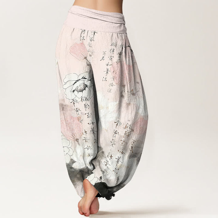 Buddha Stones Pantaloni harem da donna in puro cotone con stampa di fiori di loto e calligrafia, con elastico in vita. - image 9