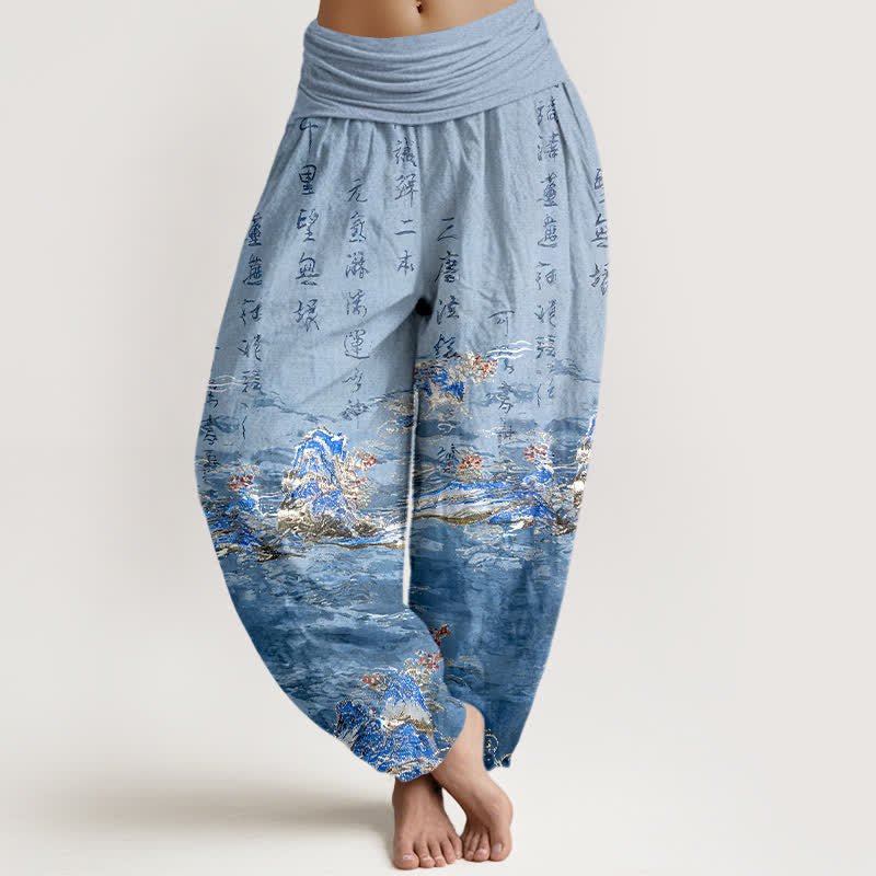 Buddha Stones Pantaloni harem da donna a vita alta in puro cotone con stampa calligrafica sfumata e paesaggio. - Blu fiordaliso - US16, UK/AU20, EU48 (3XL) - image 0