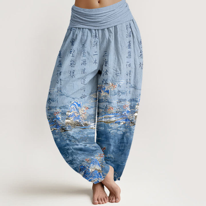Buddha Stones Pantaloni harem da donna a vita alta in puro cotone con stampa calligrafica sfumata e paesaggio. - Blu fiordaliso - US16, UK/AU20, EU48 (3XL) - image 0