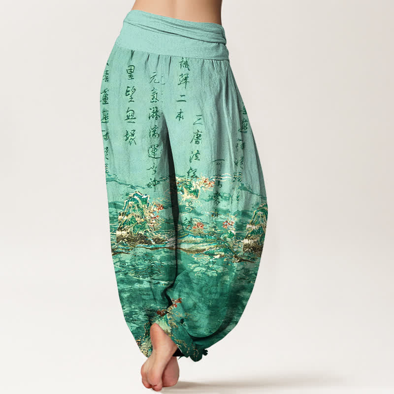 Buddha Stones Pantaloni harem da donna a vita alta in puro cotone con stampa calligrafica sfumata e paesaggio. - image 6