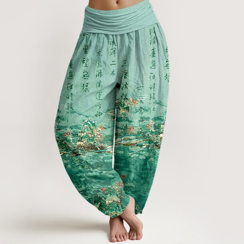 Buddha Stones Pantaloni harem da donna a vita alta in puro cotone con stampa calligrafica sfumata e paesaggio. - Acquamarina media - US16, UK/AU20, EU48 (3XL) - image 5