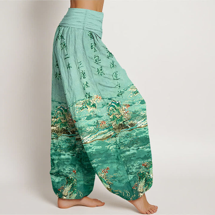 Buddha Stones Pantaloni harem da donna a vita alta in puro cotone con stampa calligrafica sfumata e paesaggio. - image 7