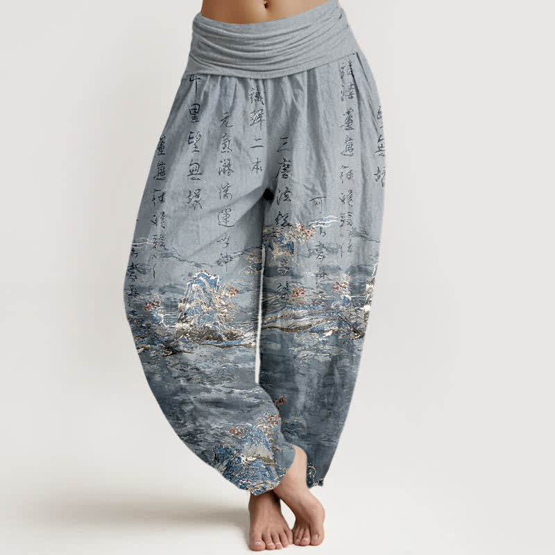 Buddha Stones Pantaloni harem da donna a vita alta in puro cotone con stampa calligrafica sfumata e paesaggio. - Grigio scuro - US16, UK/AU20, EU48 (3XL) - image 8
