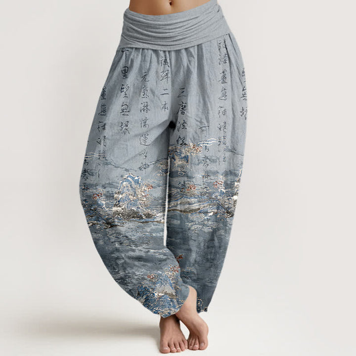 Buddha Stones Pantaloni harem da donna a vita alta in puro cotone con stampa calligrafica sfumata e paesaggio. - Grigio scuro - US16, UK/AU20, EU48 (3XL) - image 8