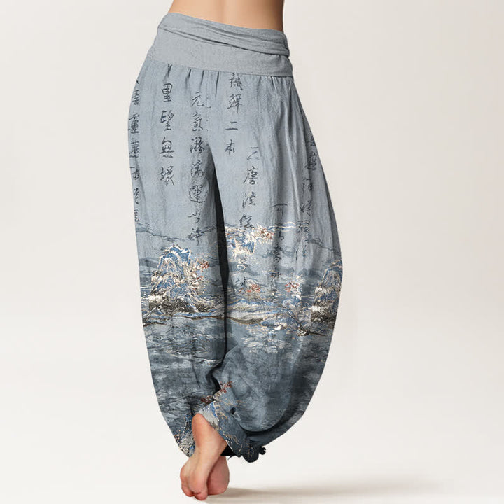 Buddha Stones Pantaloni harem da donna a vita alta in puro cotone con stampa calligrafica sfumata e paesaggio. - image 9