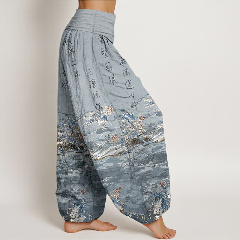 Buddha Stones Pantaloni harem da donna a vita alta in puro cotone con stampa calligrafica sfumata e paesaggio. - image 10