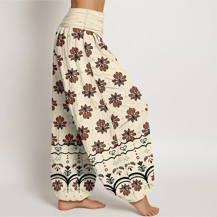 Buddha Stones Pantaloni harem da donna in puro cotone con fantasia floreale e vita alta elasticizzata. - image 2