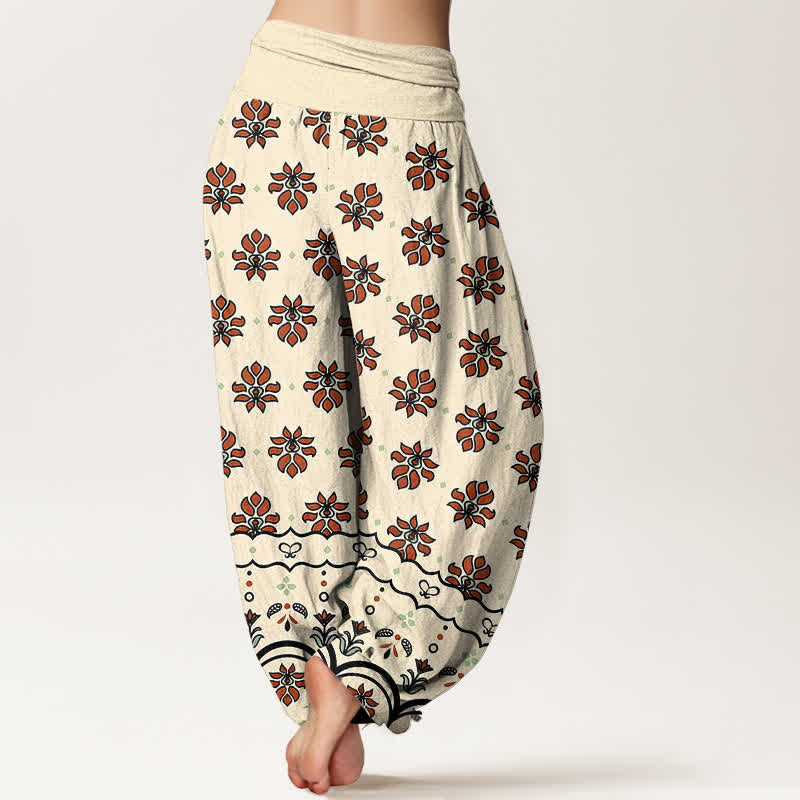 Buddha Stones Pantaloni harem da donna in puro cotone con fantasia floreale e vita alta elasticizzata. - image 1