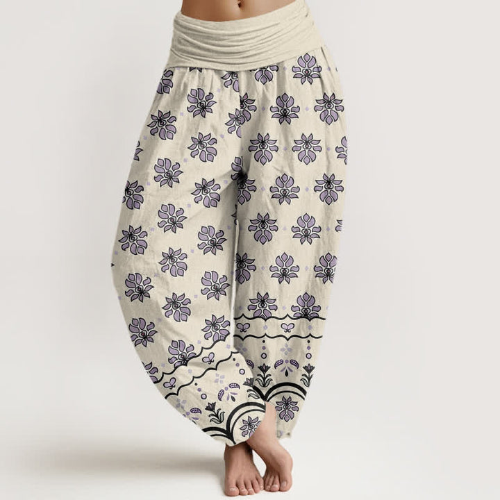 Buddha Stones Pantaloni harem da donna in puro cotone con fantasia floreale e vita alta elasticizzata. - Beige - US16, UK/AU20, EU48 (3XL) - image 5
