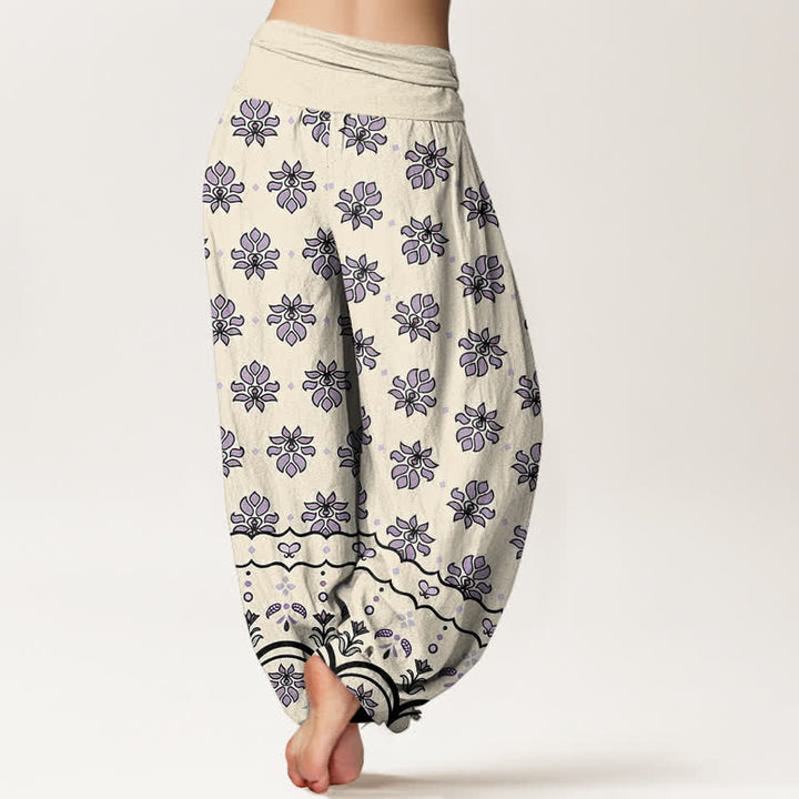 Buddha Stones Pantaloni harem da donna in puro cotone con fantasia floreale e vita alta elasticizzata. - image 6