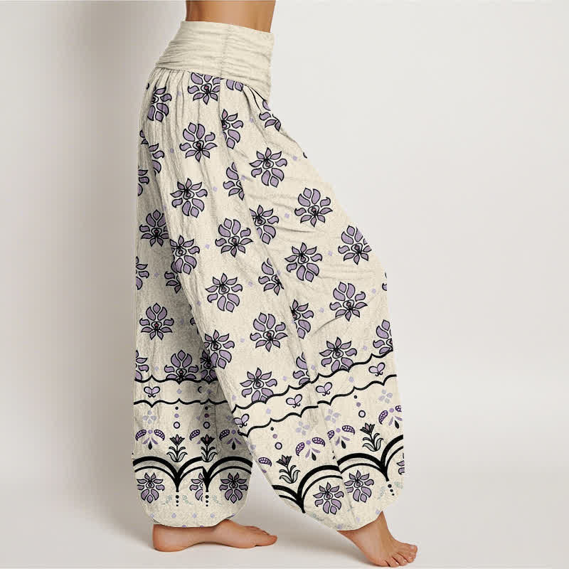 Buddha Stones Pantaloni harem da donna in puro cotone con fantasia floreale e vita alta elasticizzata. - image 7