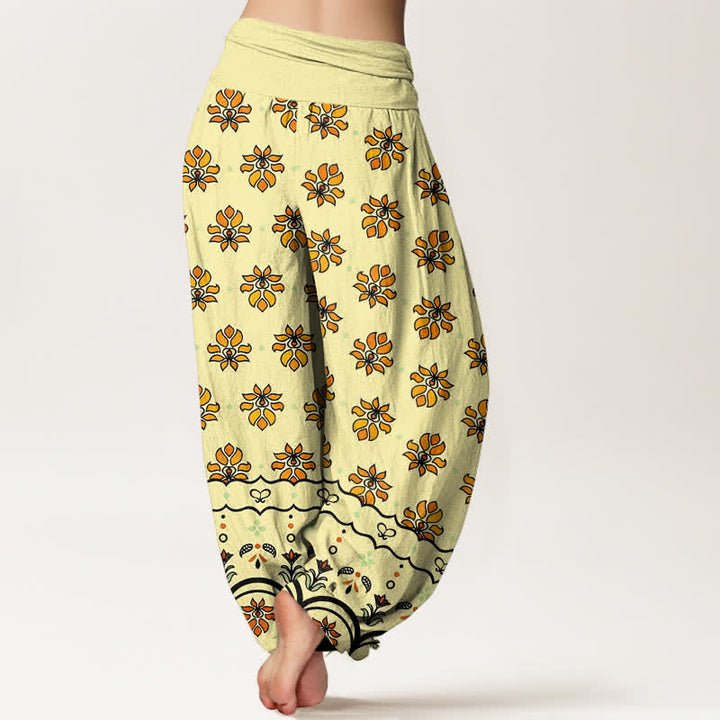 Buddha Stones Pantaloni harem da donna in puro cotone con fantasia floreale e vita alta elasticizzata. - image 9