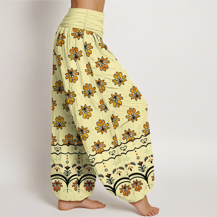 Buddha Stones Pantaloni harem da donna in puro cotone con fantasia floreale e vita alta elasticizzata. - image 10