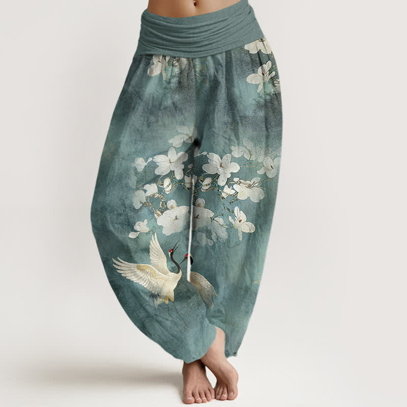 Buddha Stones Pantaloni harem da donna a vita alta in puro cotone con stampa di gru e fiori in fiore - Cadetto Blu - US16, UK/AU20, EU48 (3XL) - image 0