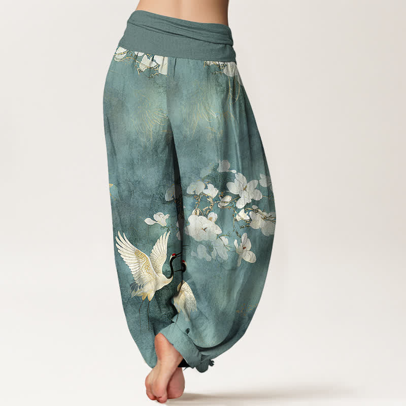 Buddha Stones Pantaloni harem da donna a vita alta in puro cotone con stampa di gru e fiori in fiore - image 1