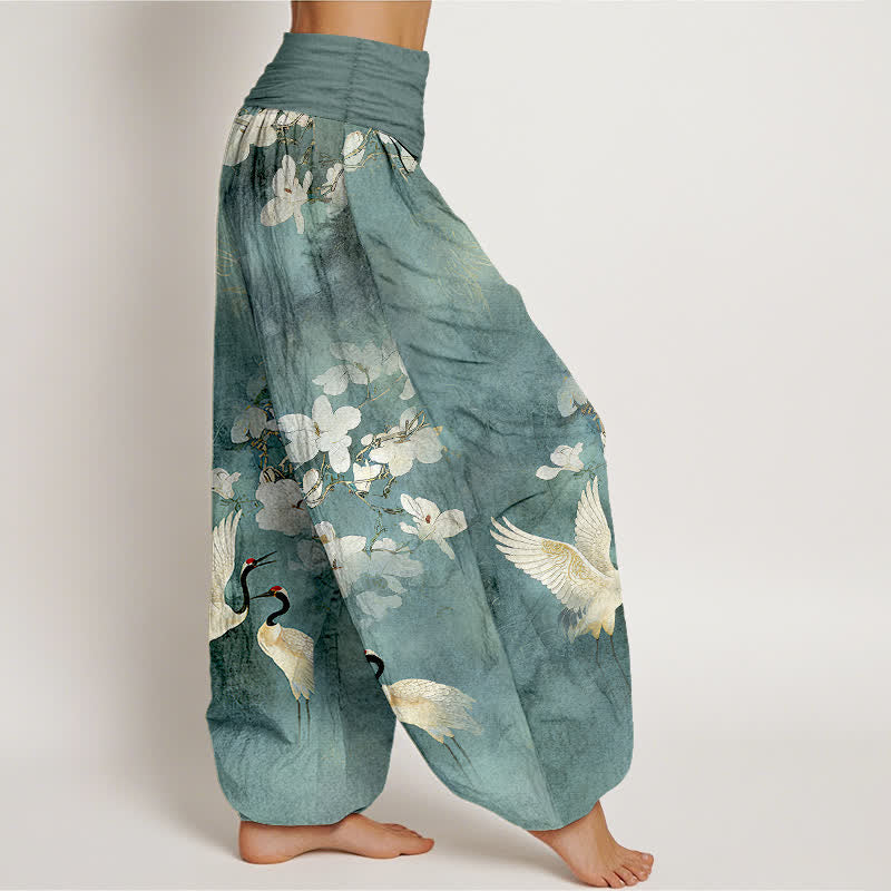 Buddha Stones Pantaloni harem da donna a vita alta in puro cotone con stampa di gru e fiori in fiore - image 2