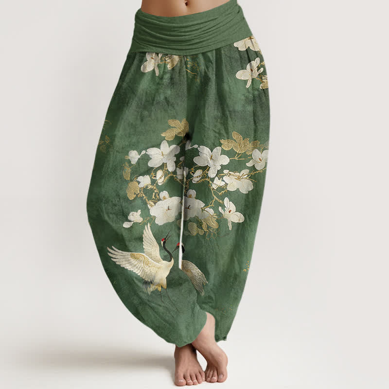 Buddha Stones Pantaloni harem da donna a vita alta in puro cotone con stampa di gru e fiori in fiore - Verde scuro - US16, UK/AU20, EU48 (3XL) - image 5