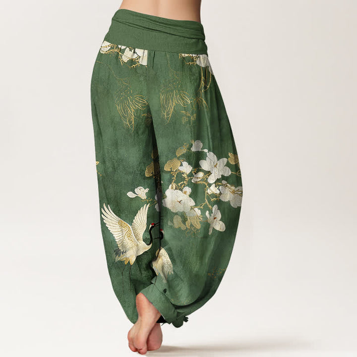 Buddha Stones Pantaloni harem da donna a vita alta in puro cotone con stampa di gru e fiori in fiore - image 6