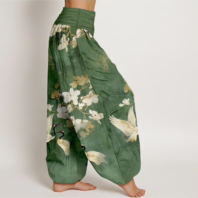 Buddha Stones Pantaloni harem da donna a vita alta in puro cotone con stampa di gru e fiori in fiore - image 7