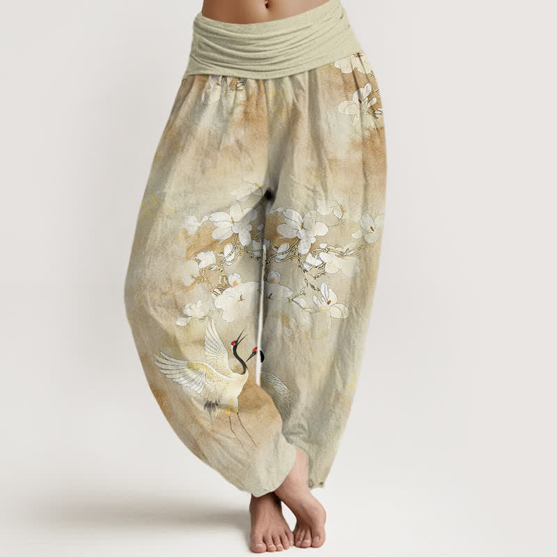 Buddha Stones Pantaloni harem da donna a vita alta in puro cotone con stampa di gru e fiori in fiore - LemonChiffon - US16, UK/AU20, EU48 (3XL) - image 8