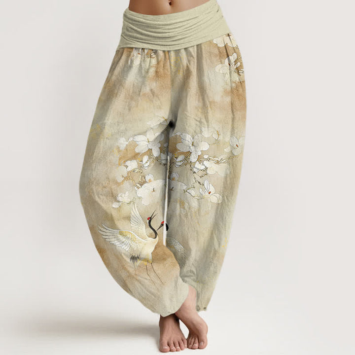 Buddha Stones Pantaloni harem da donna a vita alta in puro cotone con stampa di gru e fiori in fiore - LemonChiffon - US16, UK/AU20, EU48 (3XL) - image 8