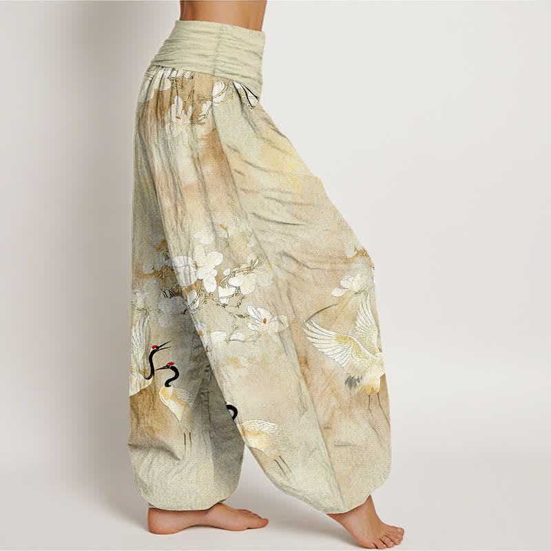 Buddha Stones Pantaloni harem da donna a vita alta in puro cotone con stampa di gru e fiori in fiore - image 10