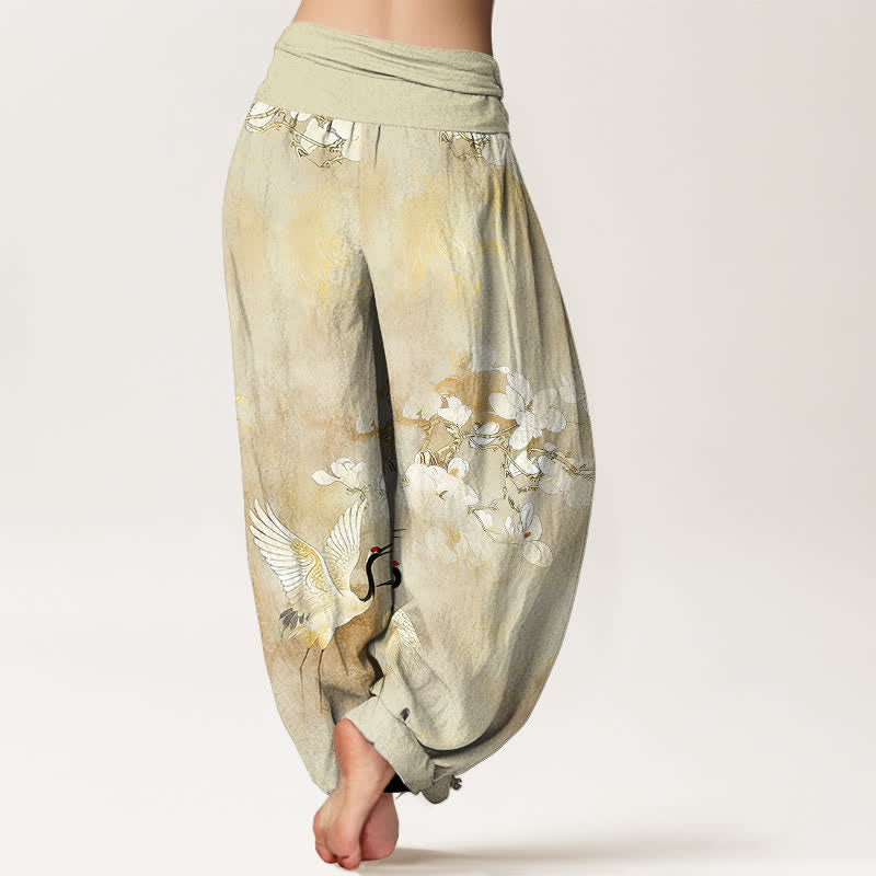 Buddha Stones Pantaloni harem da donna a vita alta in puro cotone con stampa di gru e fiori in fiore - image 9