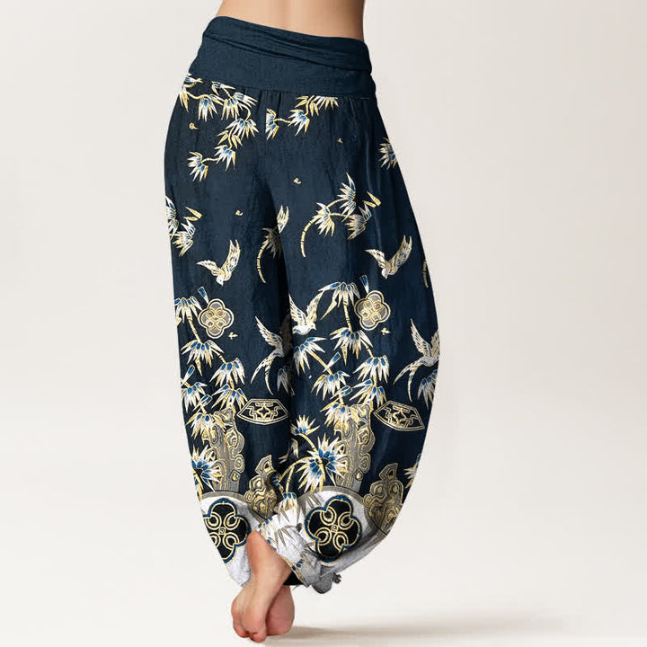 Buddha Stones Pantaloni harem da donna in cotone con motivo a uccelli e bambù, a vita alta elasticizzata. - image 1