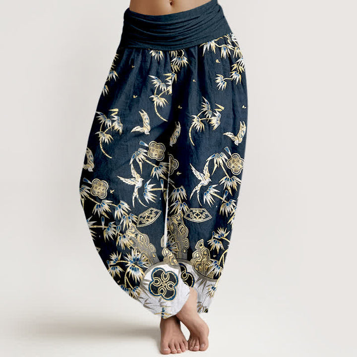 Buddha Stones Pantaloni harem da donna in cotone con motivo a uccelli e bambù, a vita alta elasticizzata. - Grigio ardesia scuro - US16, UK/AU20, EU48 (3XL) - image 0
