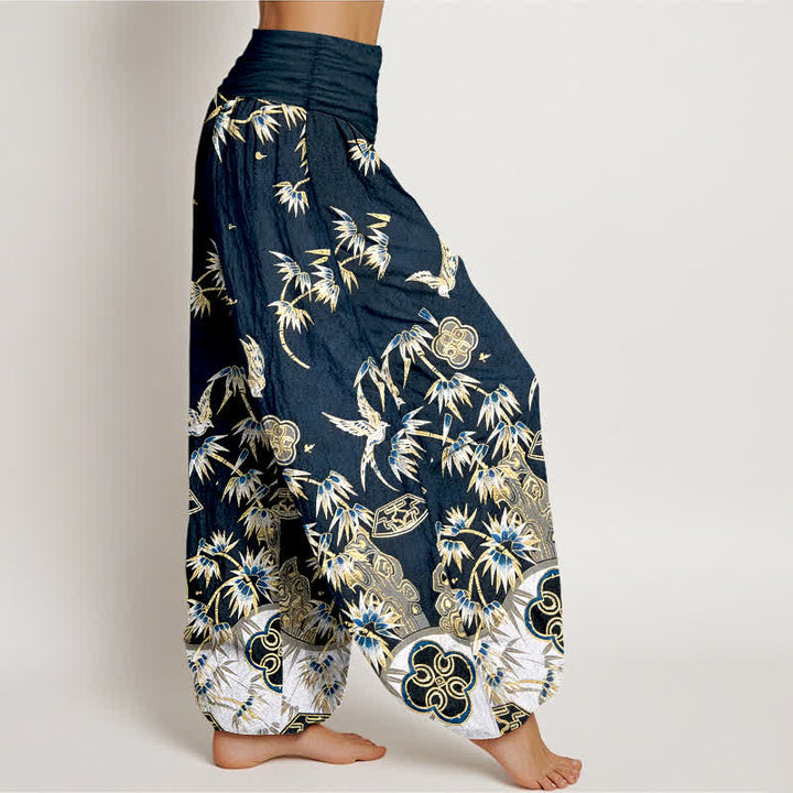 Buddha Stones Pantaloni harem da donna in cotone con motivo a uccelli e bambù, a vita alta elasticizzata. - image 2