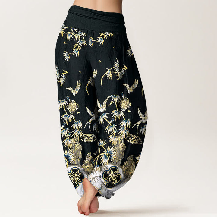 Buddha Stones Pantaloni harem da donna in cotone con motivo a uccelli e bambù, a vita alta elasticizzata. - Nero - US16, UK/AU20, EU48 (3XL) - image 6