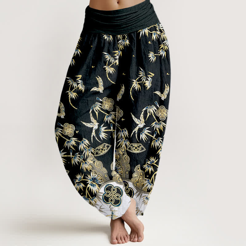 Buddha Stones Pantaloni harem da donna in cotone con motivo a uccelli e bambù, a vita alta elasticizzata. - image 5
