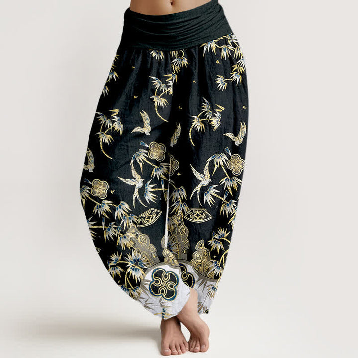 Buddha Stones Pantaloni harem da donna in cotone con motivo a uccelli e bambù, a vita alta elasticizzata. - image 5