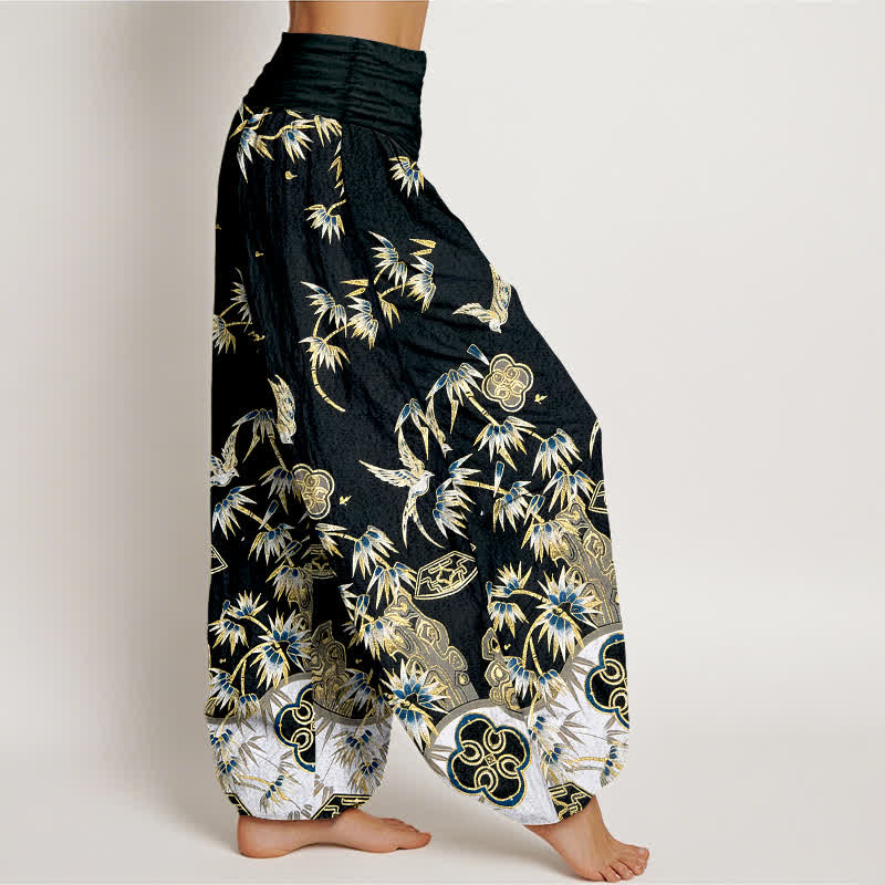 Buddha Stones Pantaloni harem da donna in cotone con motivo a uccelli e bambù, a vita alta elasticizzata. - image 7