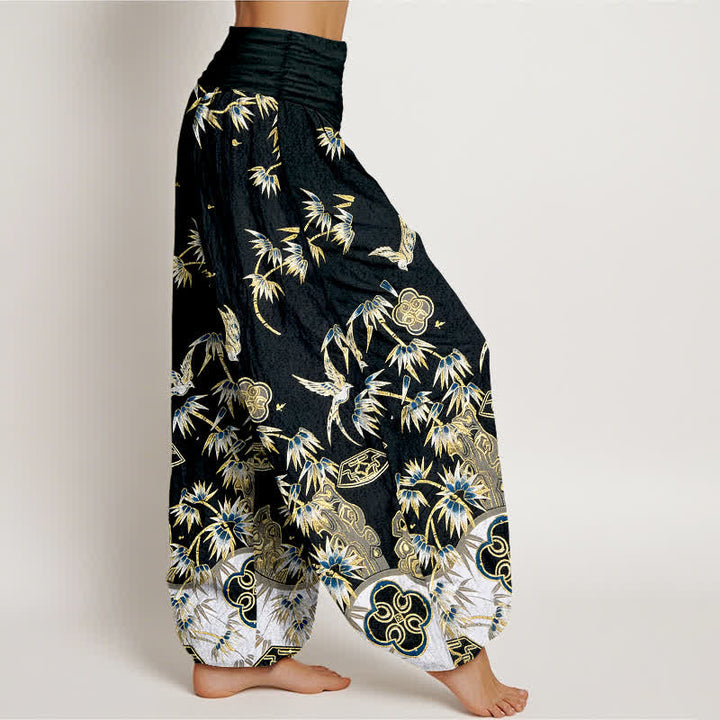 Buddha Stones Pantaloni harem da donna in cotone con motivo a uccelli e bambù, a vita alta elasticizzata. - image 7