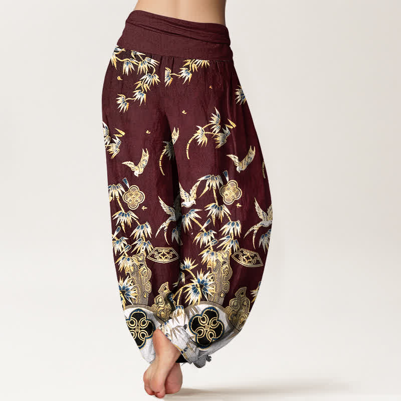 Buddha Stones Pantaloni harem da donna in cotone con motivo a uccelli e bambù, a vita alta elasticizzata. - image 9