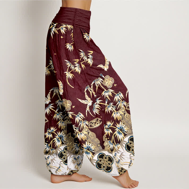 Buddha Stones Pantaloni harem da donna in cotone con motivo a uccelli e bambù, a vita alta elasticizzata. - image 10